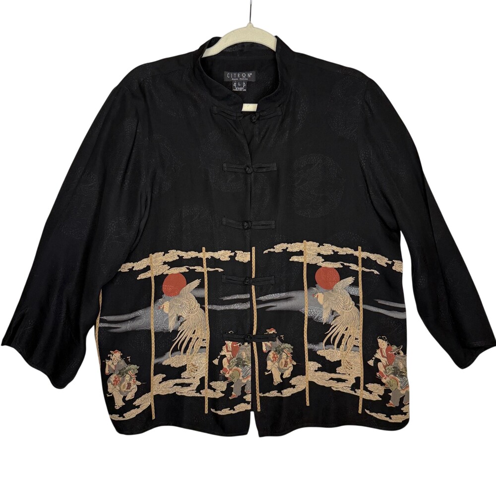 Citron Santa Monica Silk Jacket Set Womens L & XL Black Asian Art Print Phoenix